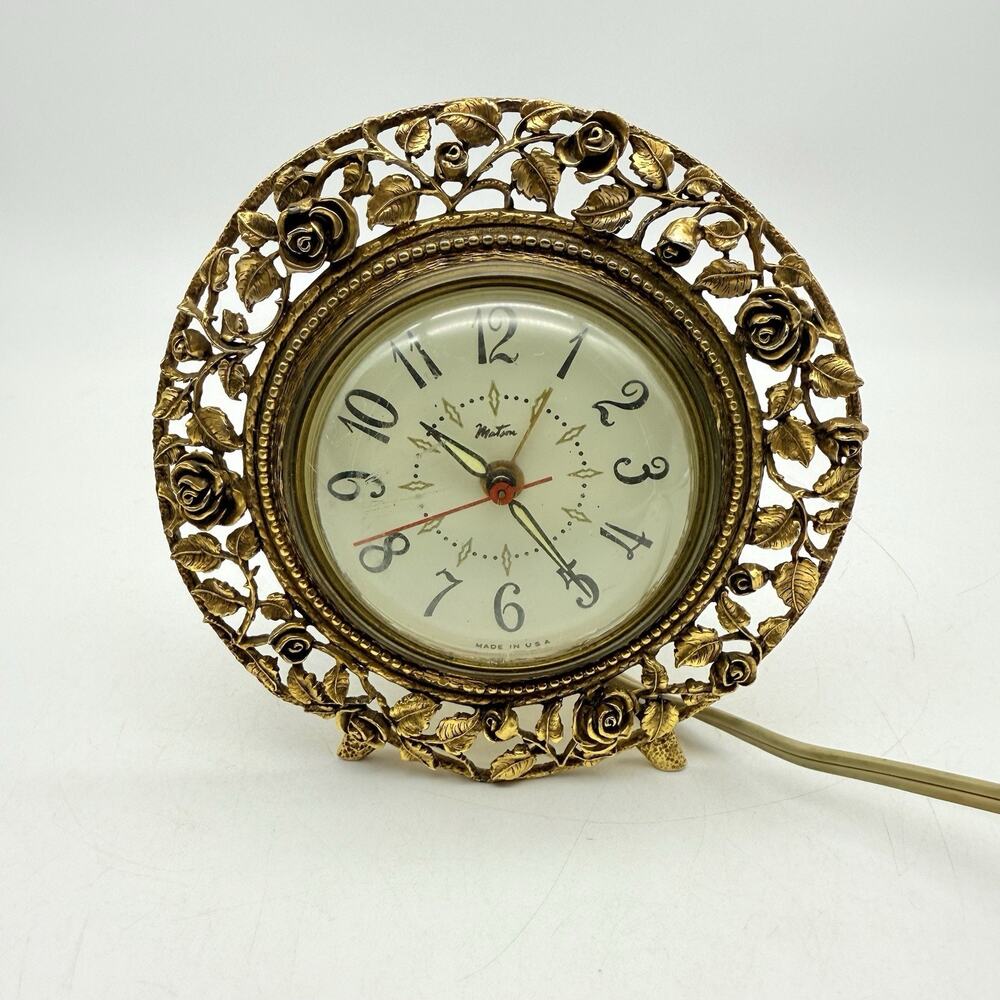 Matson 24K Gold Plated Rose Electric Clock Vintage Ornate Table Clock Working
